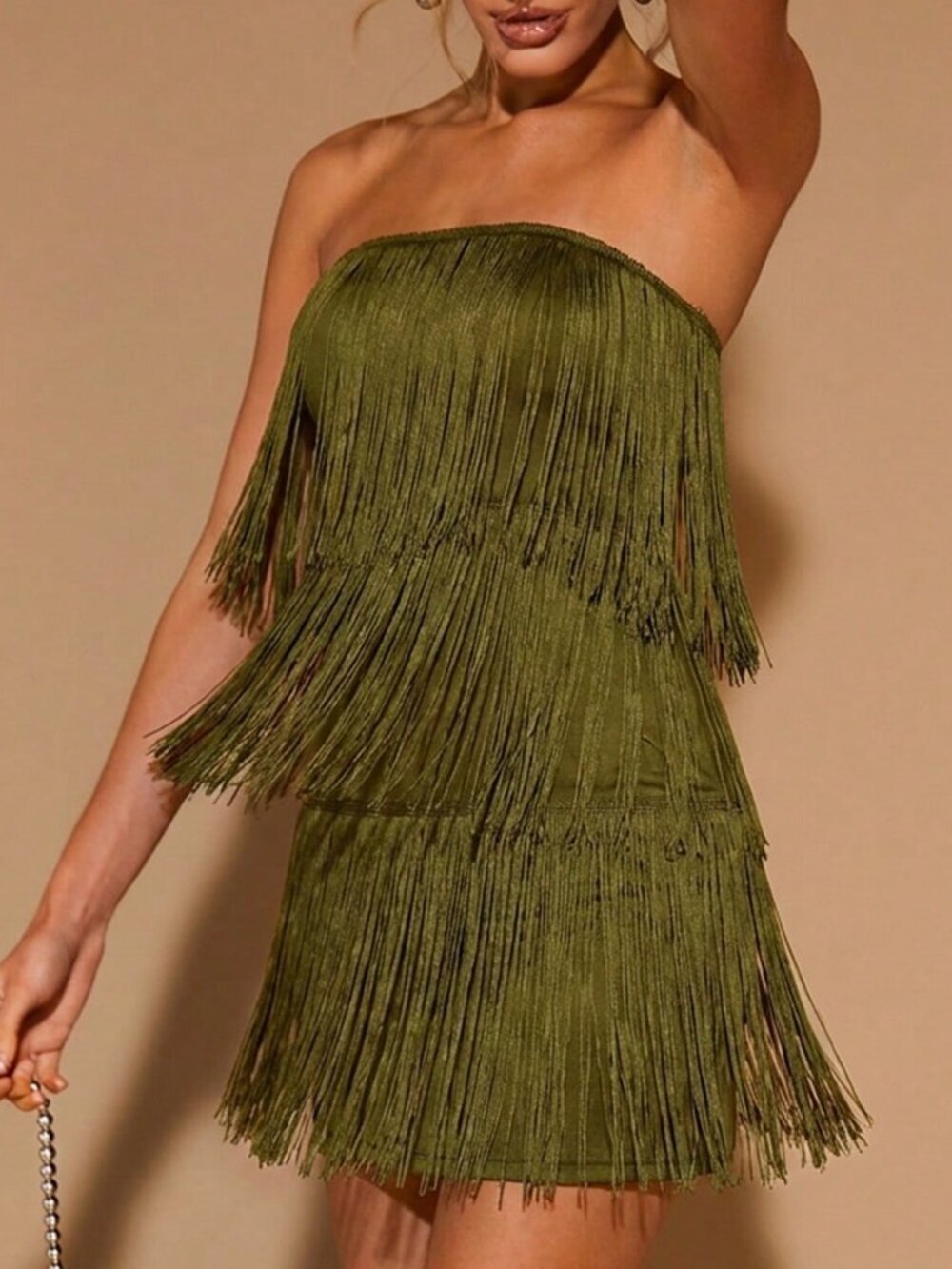 Green Party Women's Fringe Decor Bandeau Elegant Mini Dress - Picture 4 of 5